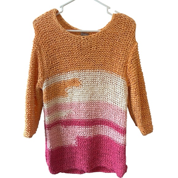 J.Jill Open Knit Striped Sweater Coastal Beach Layer Pink Orange Lightweight - Picture 2 of 8
